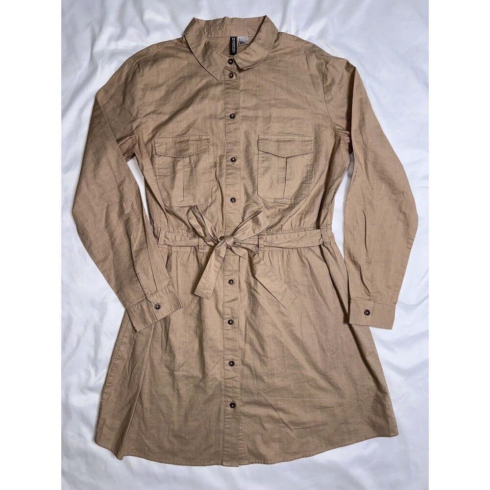 H&M Shirt Dress Women’s L Light Beige Tie Belt Cotton